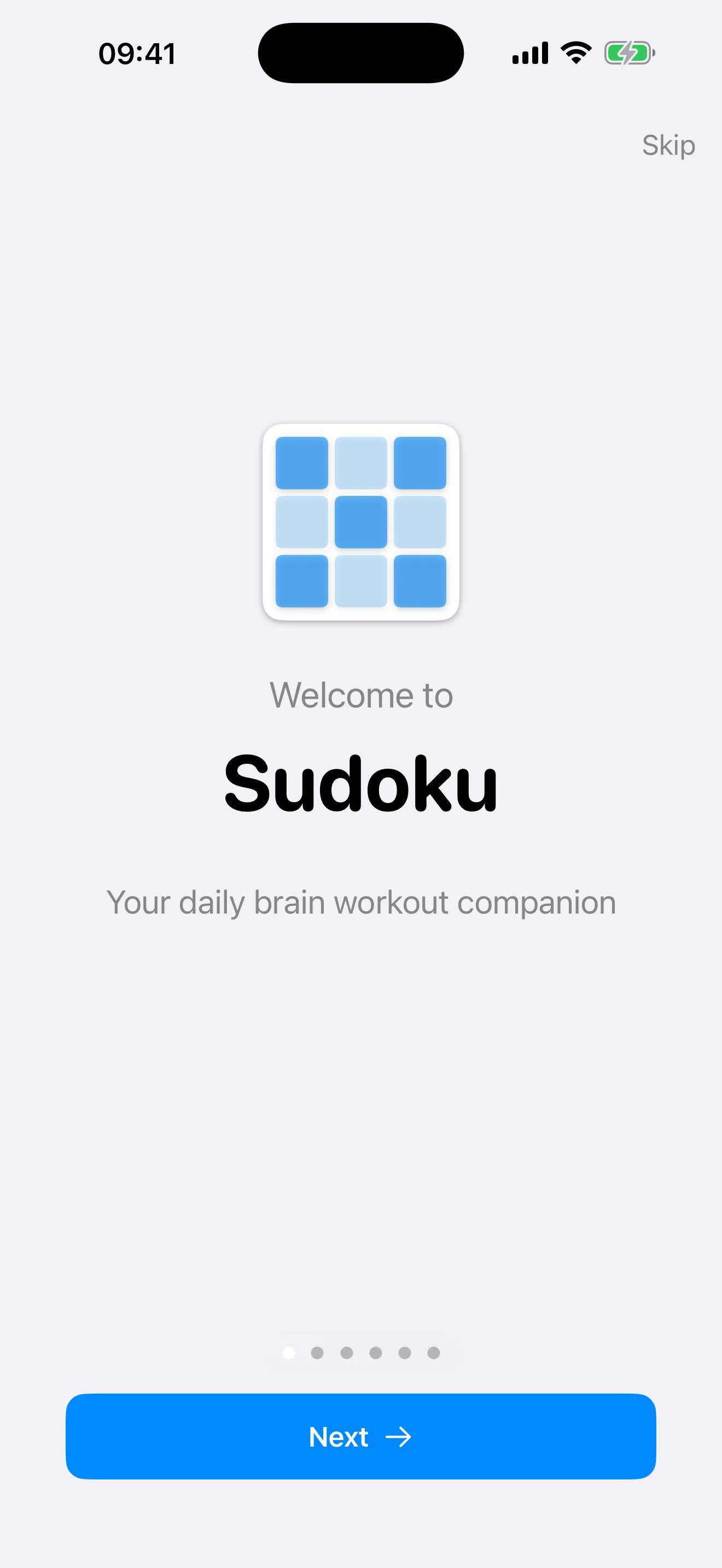 Sudoku app onboarding — welcome screen